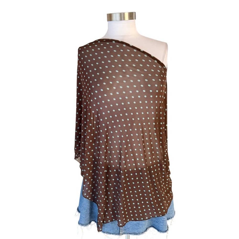 Milk + Honey One Shoulder Brown Blue Polka Dot Sheer Mesh Poncho Large